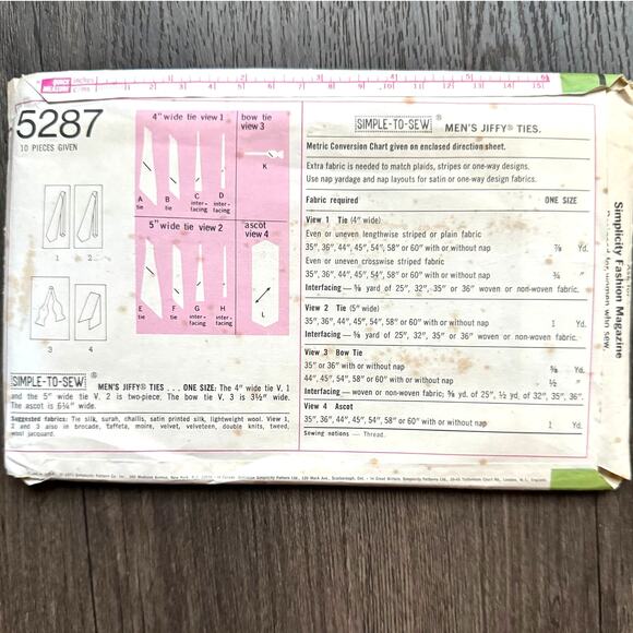 UNCUT Vintage 1970s Simplicity 5287 Sewing Pattern Mens EASY Ascot Tie & Bow Tie - Picture 2 of 2